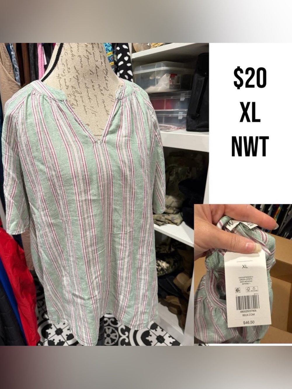 Wonderly Mint Green & Pink Striped Split-Neck Tunic - XL